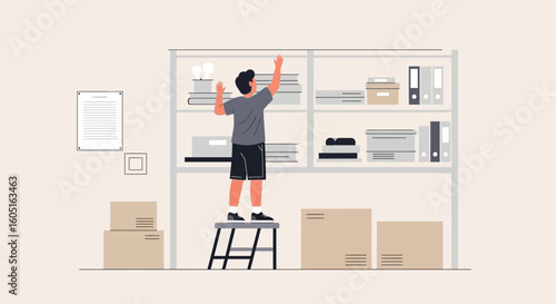 Organizing Archives Young Man on Stool Arranging Files in Storage Room