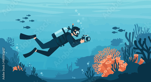 Scuba Diver Capturing Underwater Life During Tropical Dive Adventure