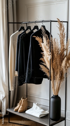 Cozy Sweaters Displayed in a Warm, Minimalistic Setting During Daylight Hours.