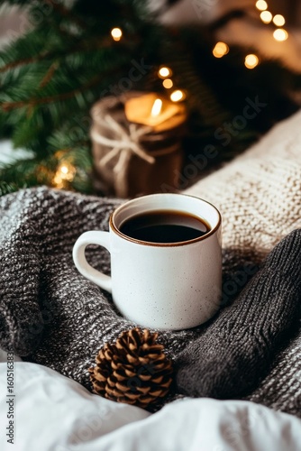 Cozy Winter Morning With Coffee Beside Twinkling Lights and Festive Greenery