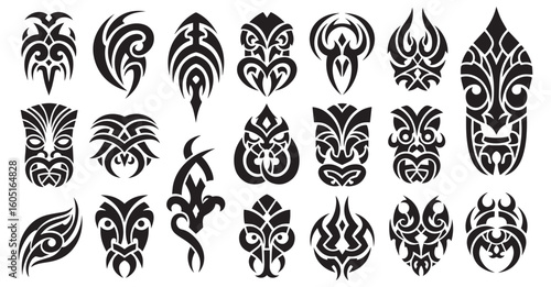 Collection of diverse tribal tattoo designs featuring polynesian maori inspired patterns and stylized faces with intricate black ink illustrations on a white background