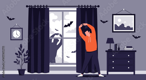 Man Stretching Near Window With Halloween Decor Evening Fitness Routine