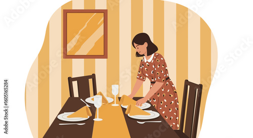 Preparing The Dining Table For A Special Event In Elegant Atmosphere