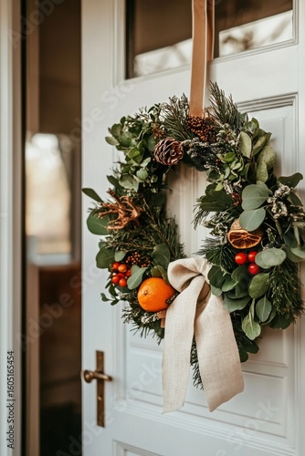Beautifully Crafted Wreath With Seasonal Decor on a Cozy Front Door.