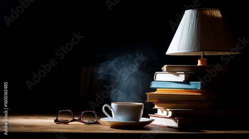 Cozy Reading Nook: A Wooden Table Adorned with Books and Reading Glasses