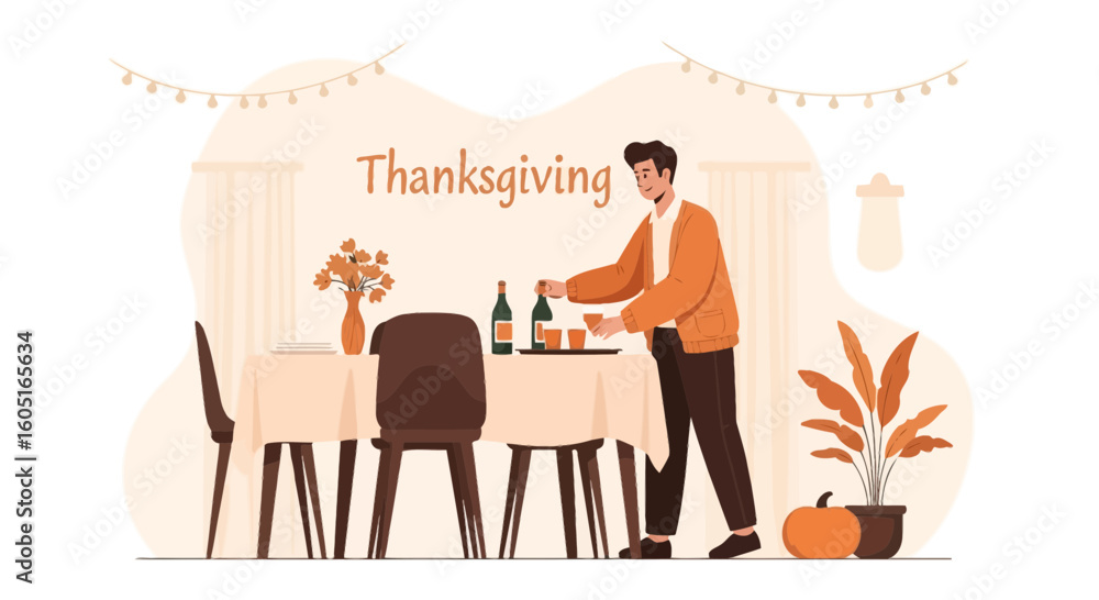 Fototapeta premium Preparing The Thanksgiving Day Feast With Wine And Celebration At Home
