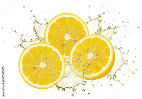 Three lemon slices with a splash of liquid creating a refreshing and vibrant composition image on transparent background