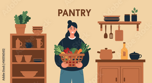 Pantry Illustration With Woman Holding Basket Full of Vegetables And Groceries
