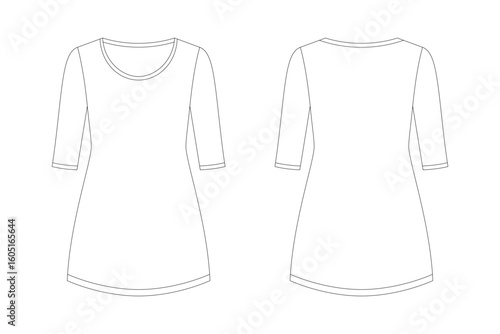 Technical flat sketch of a women’s tunic top with half sleeves and scoop neckline. Front and back views. Ideal for fashion design, garment specification sheets, and clothing mockups.