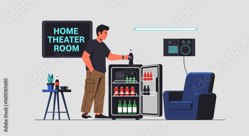 Man Takes A Drink From The Refrigerator In A Home Theater Setup