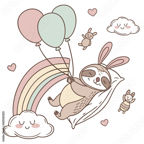 Cute Joyful Lazy Sloth, accessorized with hugging a pillow, in a Soft pastel world – Soft Pastel palette vector