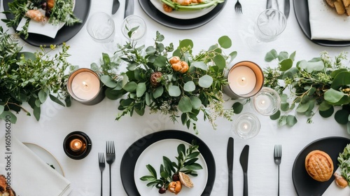 Elegant Dining Table Setup With Fresh Greenery and Candles for a Special Occa...