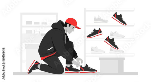 Man Tying Shoelaces While Trying New Sneakers In A Store