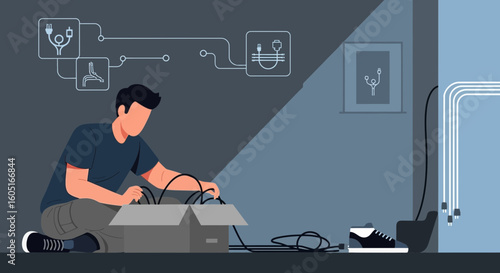 Man Untangling Complex Network Of Cables Connections At Home Workspace