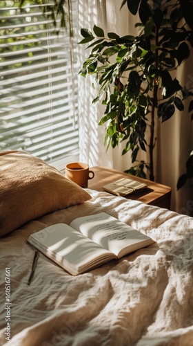 Cozy Morning in a Sunlit Bedroom With a Book, Coffee, and Plants