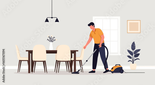 Man Vacuuming The Dining Room In Modern Interior Illustration Scene