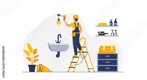 Professional Electrician Changing Lightbulb In Bathroom Home Improvement Service