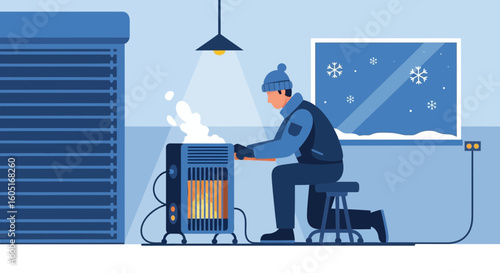 Man Warming Up By Radiator During Cold Winter In A Unheated Room