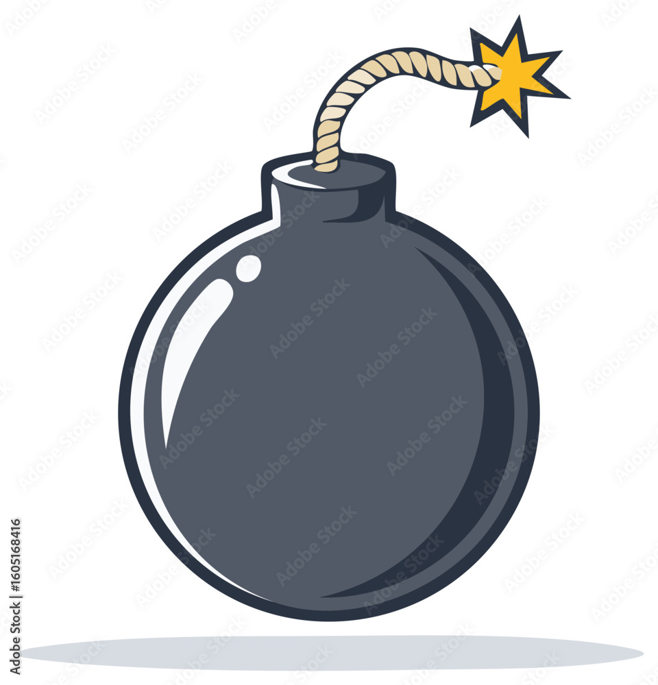 Fototapeta premium Cartoon bomb with lit fuse and star explosion, vector illustration