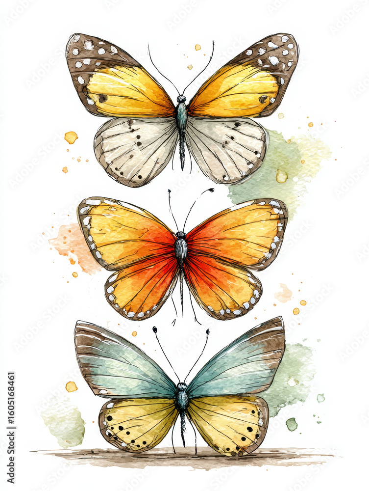 Obraz premium Watercolor painting of three colorful butterfly with detailed wings and soft background splashes creating delicate natural artistic feel