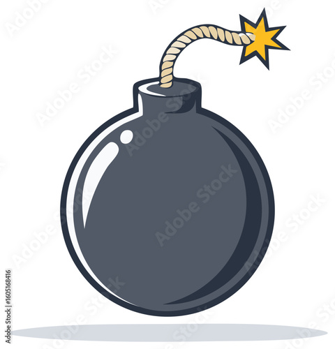 Cartoon bomb with lit fuse and star explosion, vector illustration