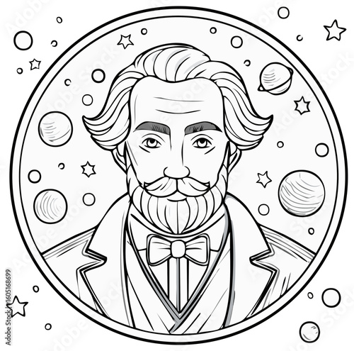 Line art portrait of a vintage astronomer with a celestial background of planets and stars