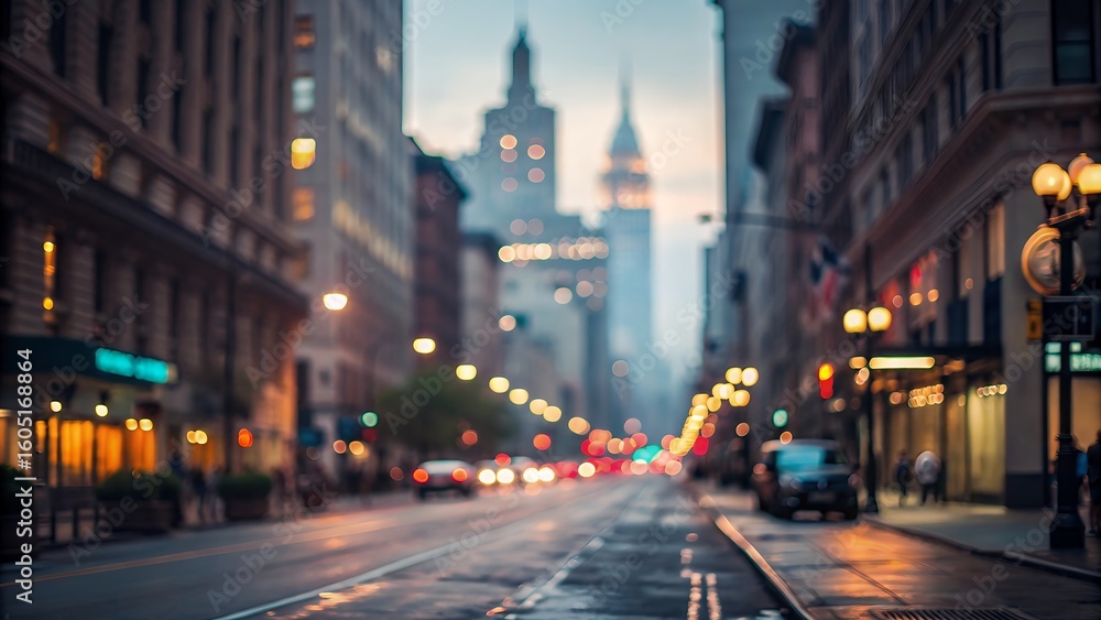 Obraz premium Urban street view with blurred lights and city buildings afar