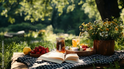 Enjoying a Sunny Picnic by the River With Fresh Fruits and a Book