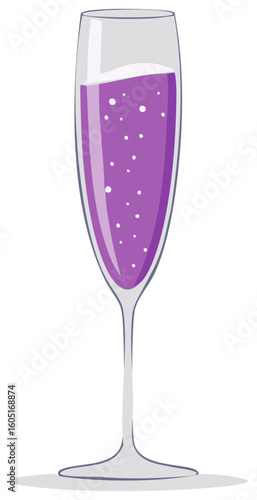 Purple bubbly champagne flute filled with sparkling beverage and tiny bubbles