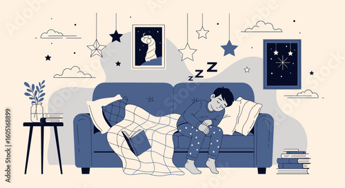 Peaceful Night Rest Illustration Of Sleeping Child On Sofa At Home