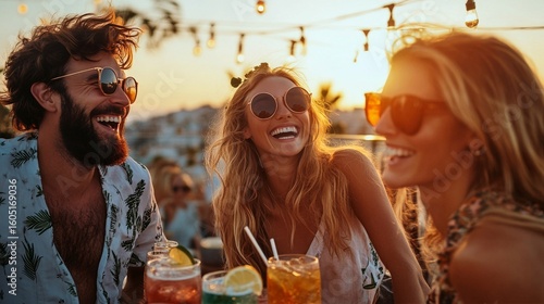 Friends Enjoying Colorful Cocktails at a Rooftop Bar During Sunset in a Vibra...