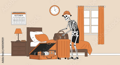 Skeleton Pack For An October Vacation Preparing Luggage Adventure