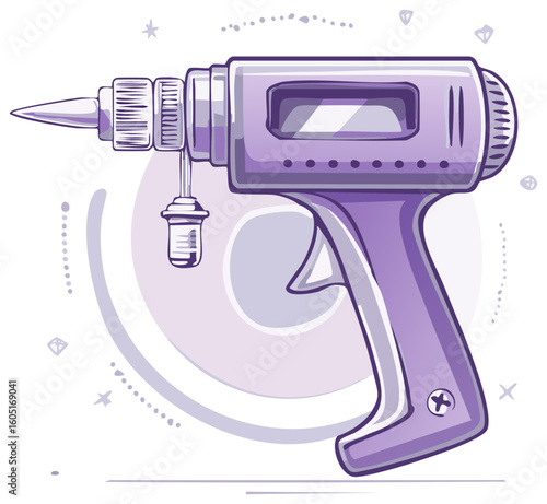 Retro futuristic soldering iron tool, purple stylized weapon, cartoon drawing with stars, gems, swirls and dots