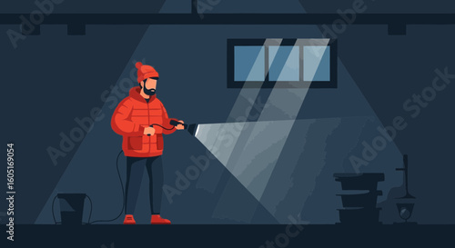 Man With Flashlight Investigating Dark Place Mysterious Scene Underground Location