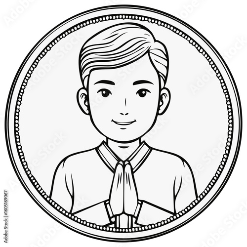 Boy with hands in prayer position inside decorative frame