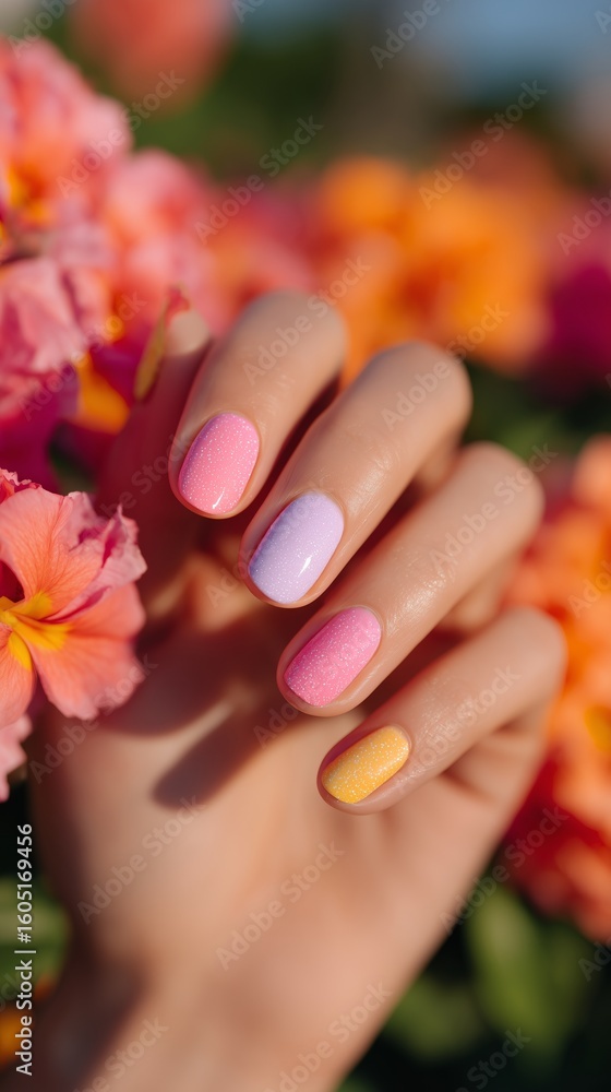 Fototapeta premium Hand displaying colorful nail art with pink, purple, and yellow shades, surrounded by vibrant flowers, showcasing a beautiful springtime aesthetic and creative expression