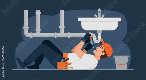 Skilled Plumber Fixing Leaky Sink Pipe Underneath In Bathroom Or Kitchen