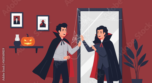 Vampire Get Ready For Halloween Party With Reflection And Pumpkin Decoration