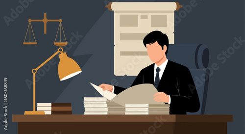 Professional Lawyer Examining Documents In Office With Scales Of Justice