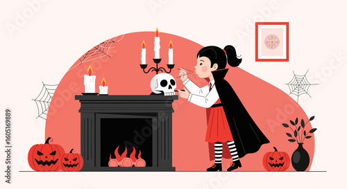 Vampire Girl And Halloween Decorations At Home Celebrating Scary Night