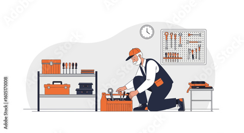 Man Working In Garage At Home Surrounded By Tools and Equipment