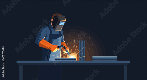 Skilled Welder Creates Bright Sparks During Metal Fabrication Work