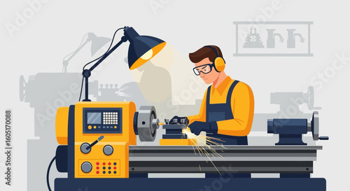 Skilled Turner Operates Lathe Professionally Grinding Metal At Heavy Industrial Factory