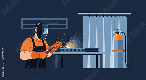 Skilled Welder Working With Safety Gear In Industrial Workshop Concept