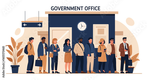 People Wait In Line At The Government Office Building To Receive Service