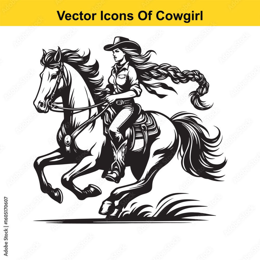 Obraz premium Cowgirl Riding Horse with Braid and Blowing Hat – Western Line Art Vector
