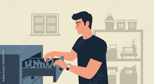 Person Arranging Small Vases in a Drawer in a Workshop Studio