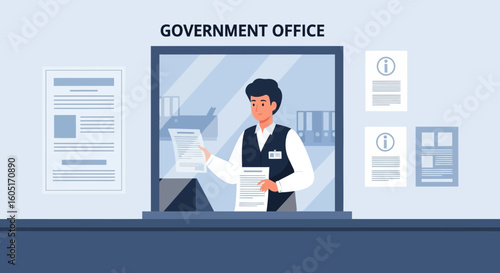 Man Works At The Front Desk In Government Office With Official Documents