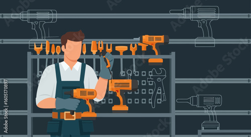 Professional Mechanic Working With Power Tools in His Workshop Background