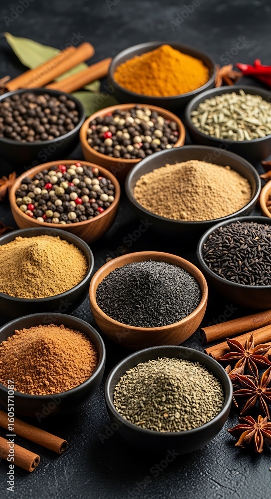 Fototapeta premium Various spices in small bowls on a dark surface.
